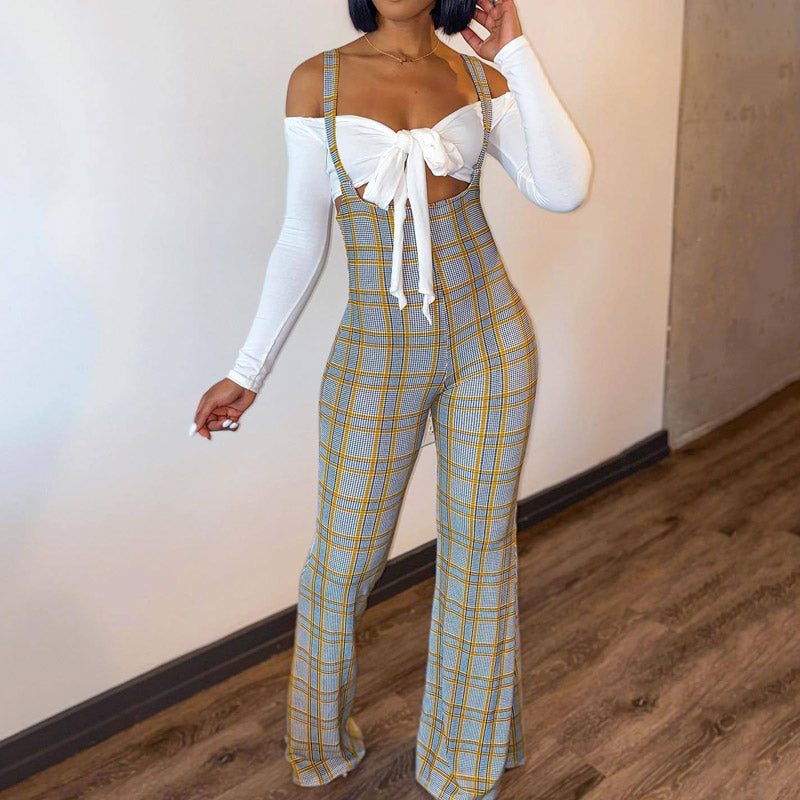 Plaid Wide Leg Crop Top & Jumpsuit Set