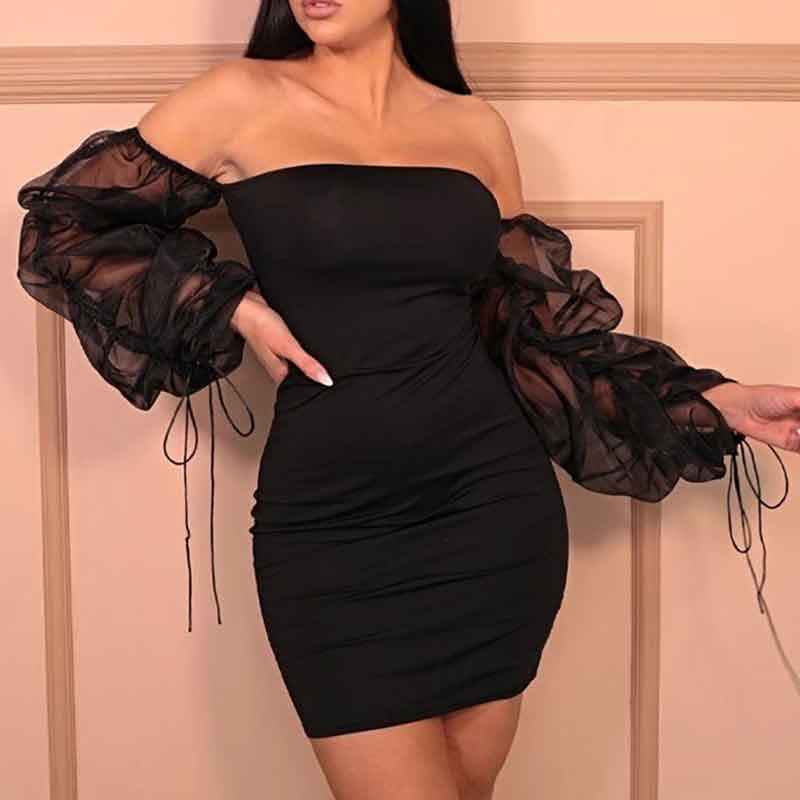 Solid Off Shoulder Ruched Sleeve Sheer Mesh Patchwork Bodycon Dress