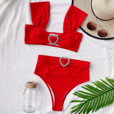 Solid Rhinestone Sleeveless Two Piece Swimsuit Set