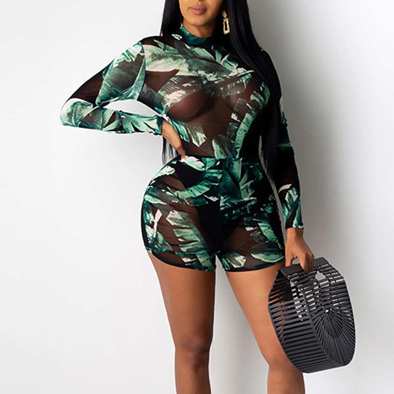 Leaf Print Long Sleeve Sheer Mesh Romper