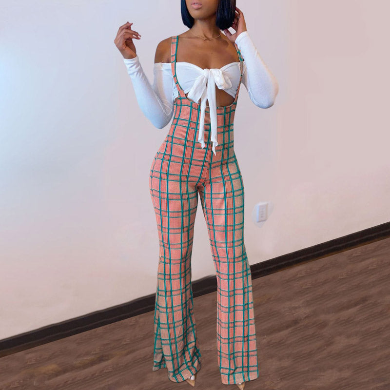 Plaid Wide Leg Crop Top & Jumpsuit Set