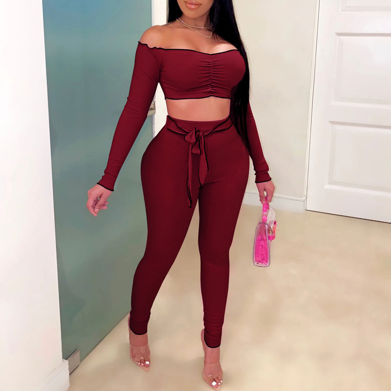 Solid Long Sleeve Off Shoulder Crop Top & Pants Set