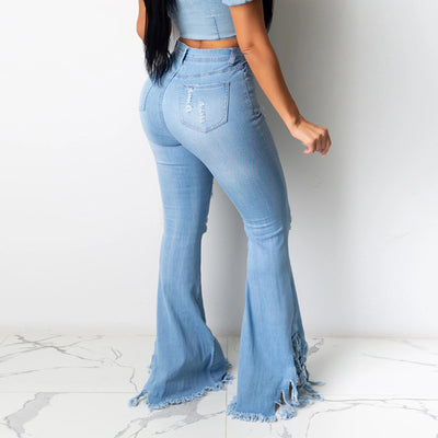 Denim Cutout High Waist Drawstring Bell Bottom Jeans