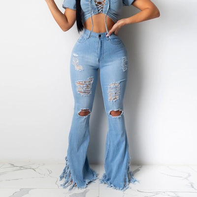 Denim Cutout High Waist Drawstring Bell Bottom Jeans