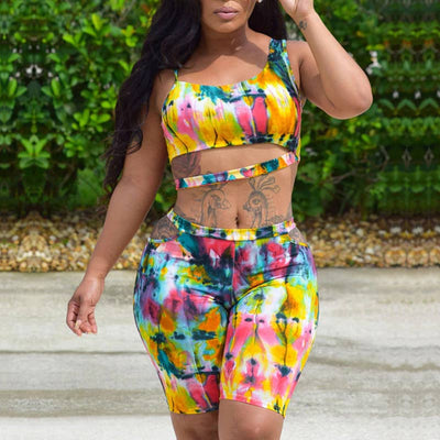 Tie Dye Print Deep Bandage Crop Top & Shorts Set