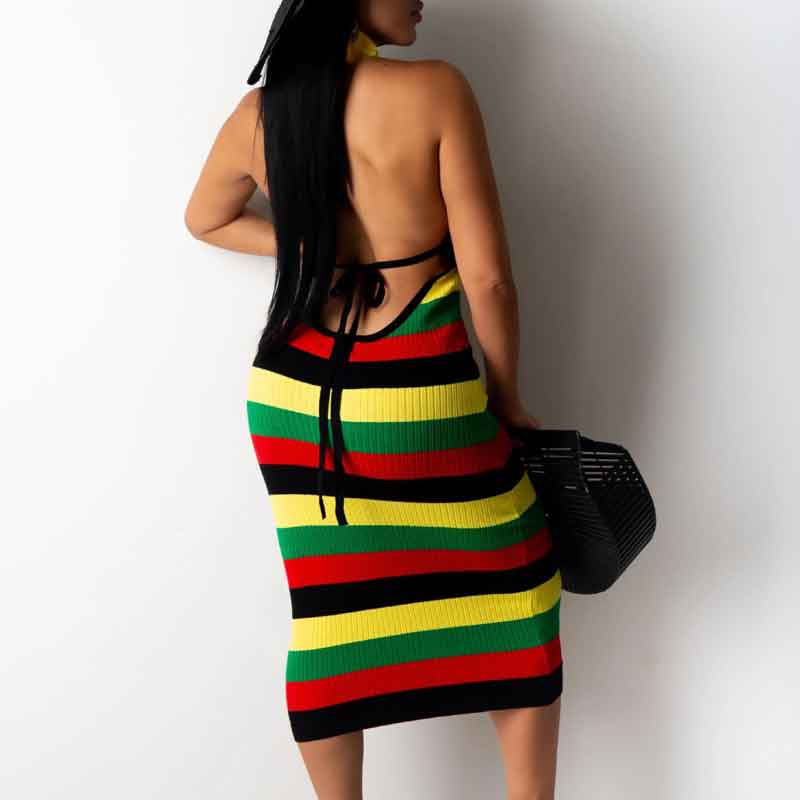 Colorblock Sleeveless Halter Midi Dress