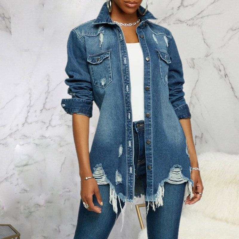 Denim Button Detail Fringe Hem Coat