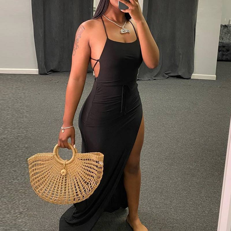 Solid Sleeveless Bandage High Slit Maxi Dress