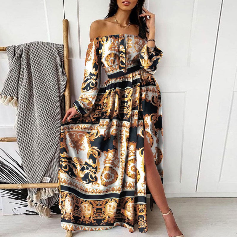 Print Off Shoulder Long Sleeve High Slit Maxi Dress