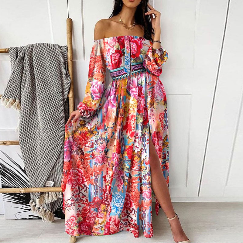 Print Off Shoulder Long Sleeve High Slit Maxi Dress