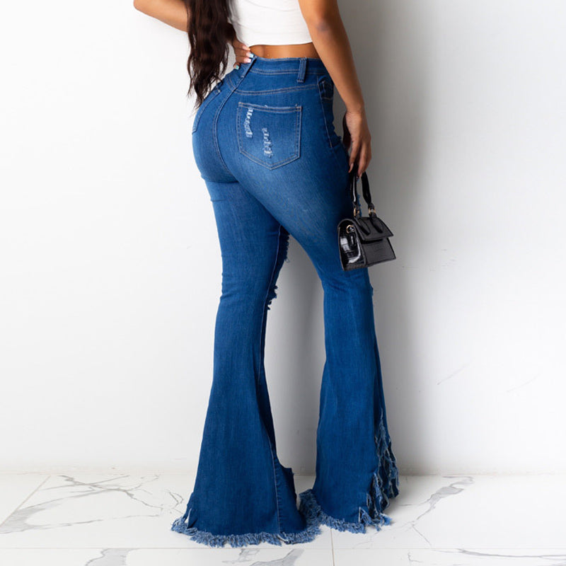 Denim Cutout High Waist Drawstring Bell Bottom Jeans