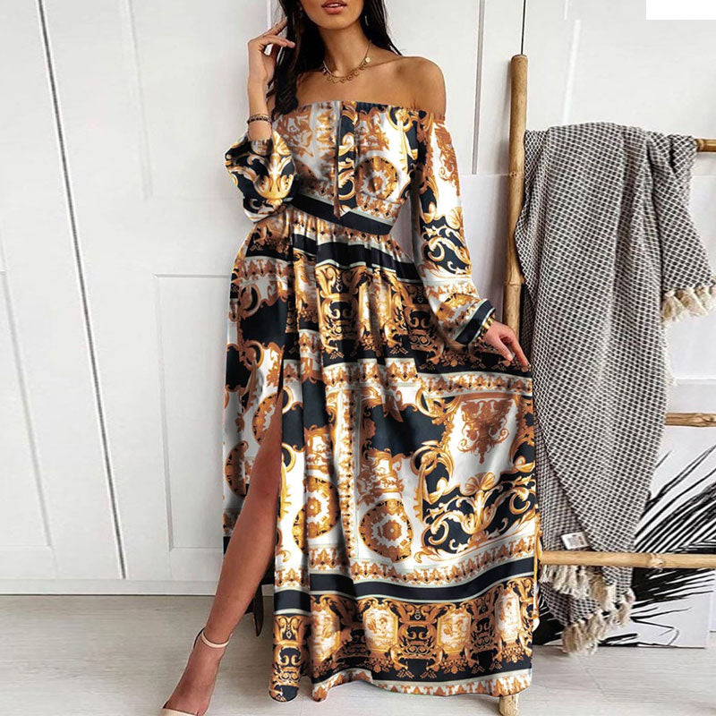 Print Off Shoulder Long Sleeve High Slit Maxi Dress