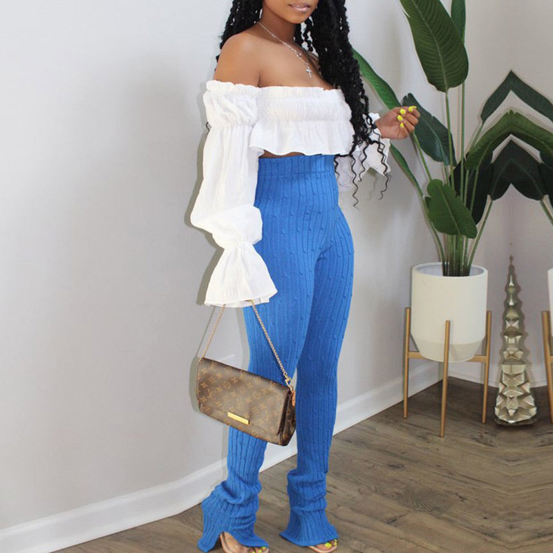 Off Shoulder Crop Top & High Waist Pants Set