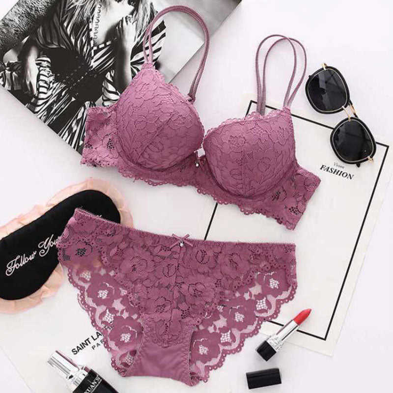 Solid Eyelash Lace Lingerie Set