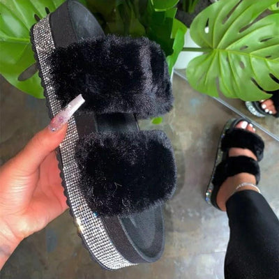 Fashion Rhinestone Platform  Fluffy Sandals - Cherrybetty