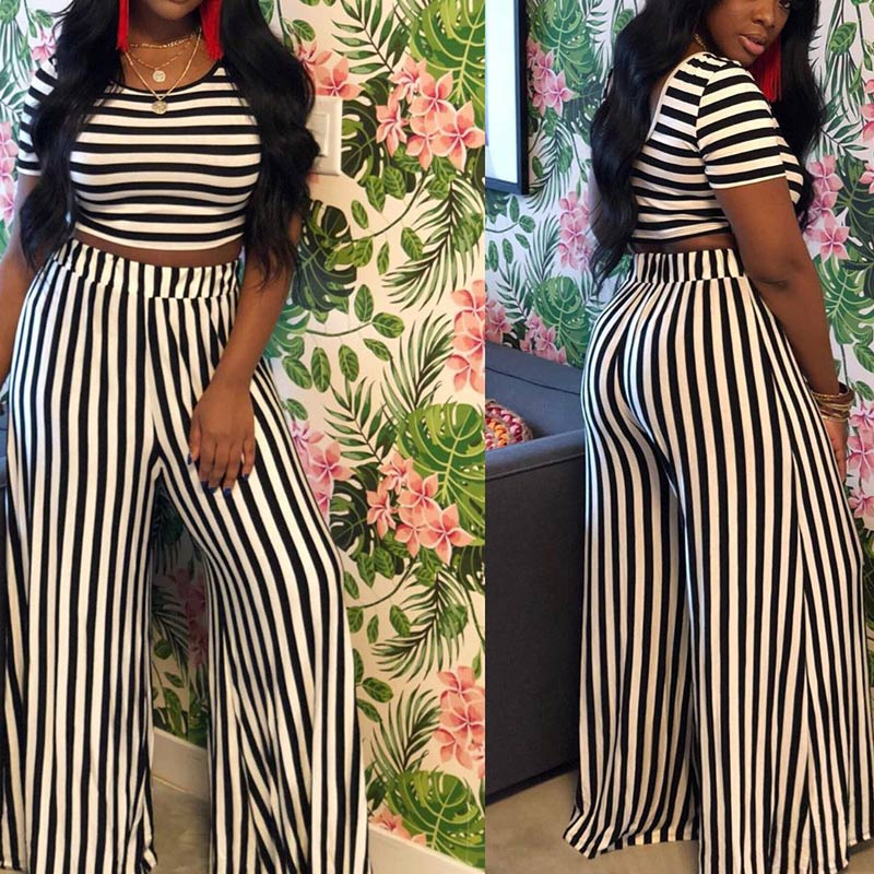 Stripe Pattern Short Sleeve Wide Leg Pants Set