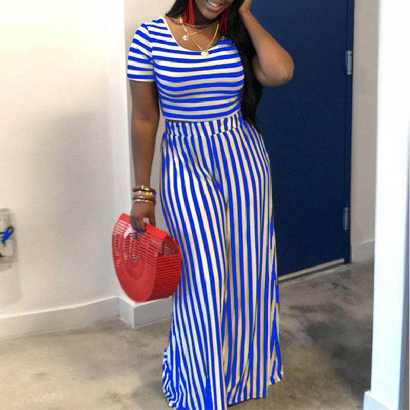 Stripe Pattern Short Sleeve Wide Leg Pants Set