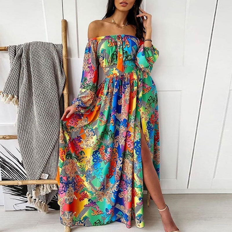 Print Off Shoulder Long Sleeve High Slit Maxi Dress