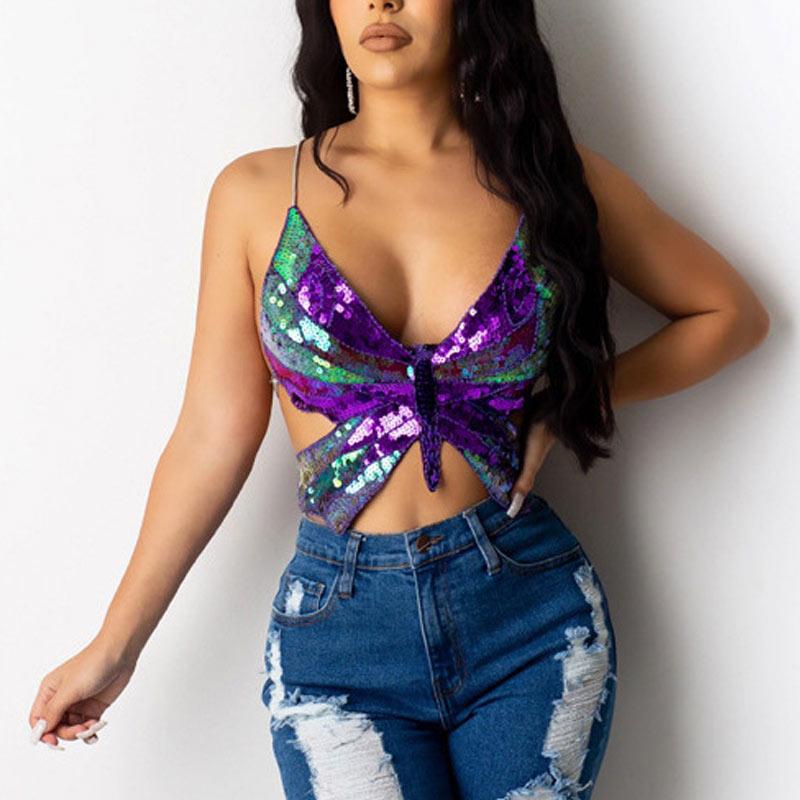 Sequins Butterfly Pattern Crop Top