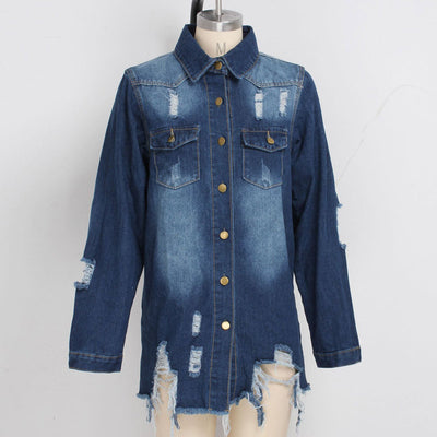 Denim Button Detail Fringe Hem Coat