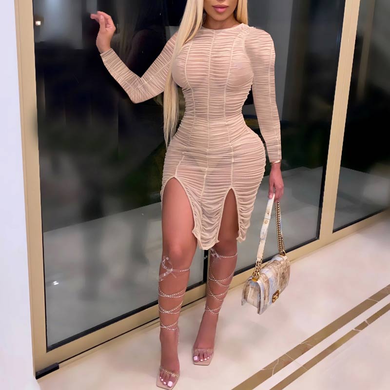 Solid See Through Ruched Split Bodycon Dress