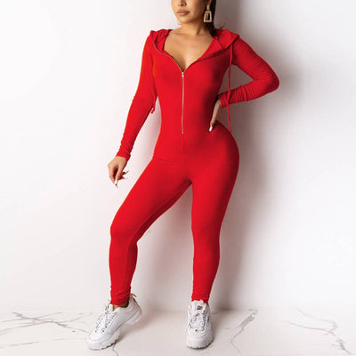 Solid Long Sleeve Zipper Design Hoodie Jumpsuit