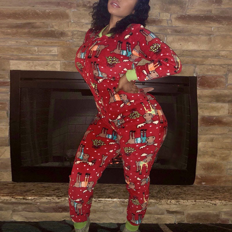 Christmas Print Zipper Design Long Sleeve Jumpsuit