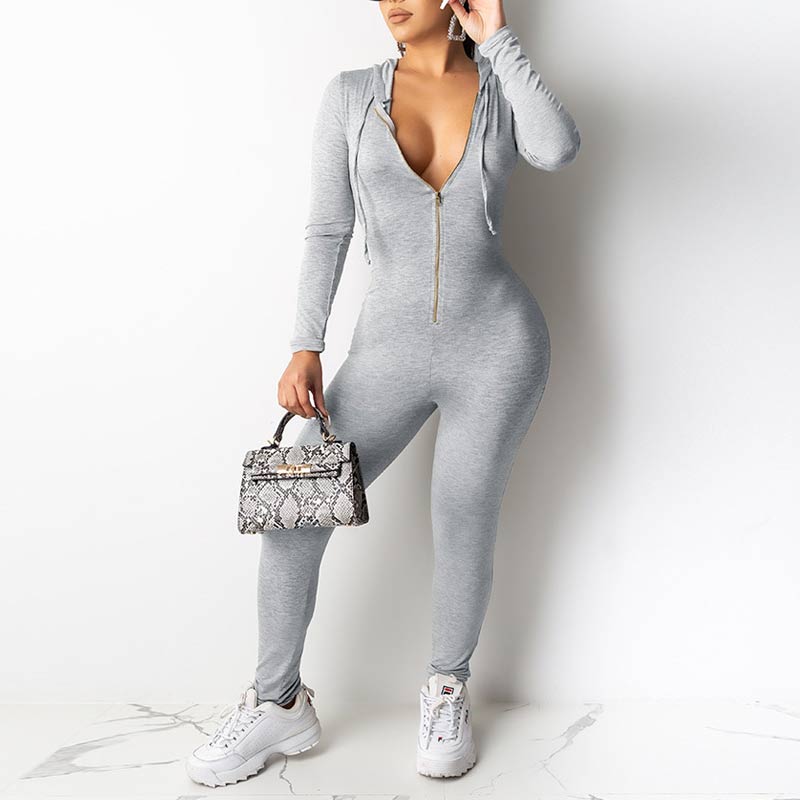 Solid Long Sleeve Zipper Design Hoodie Jumpsuit