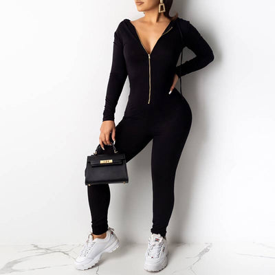 Solid Long Sleeve Zipper Design Hoodie Jumpsuit