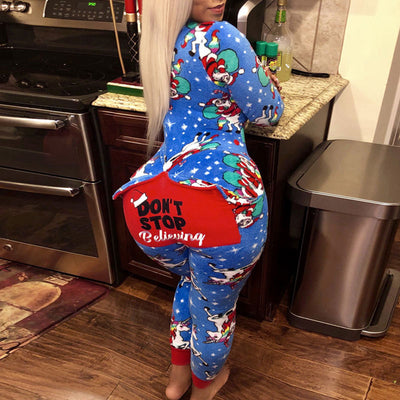 Christmas Print Zipper Design Long Sleeve Jumpsuit