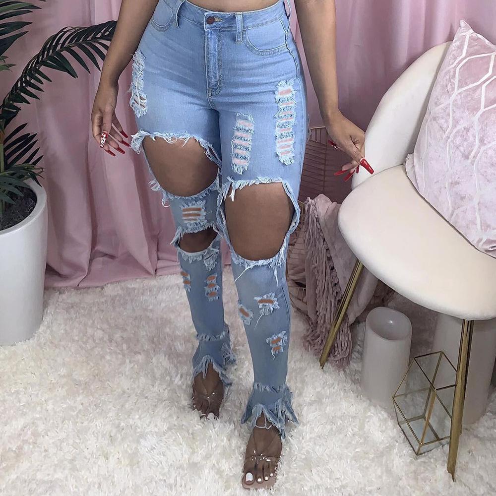 Distressed Cutout High Waist Slit Jeans - Cherrybetty