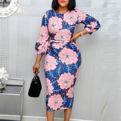 Floral Print Long Sleeve Bodycon Dress With Blet