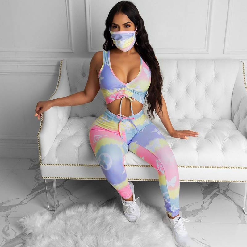 Colorblock Butterfly Pattern Pants Set Without Face Mask