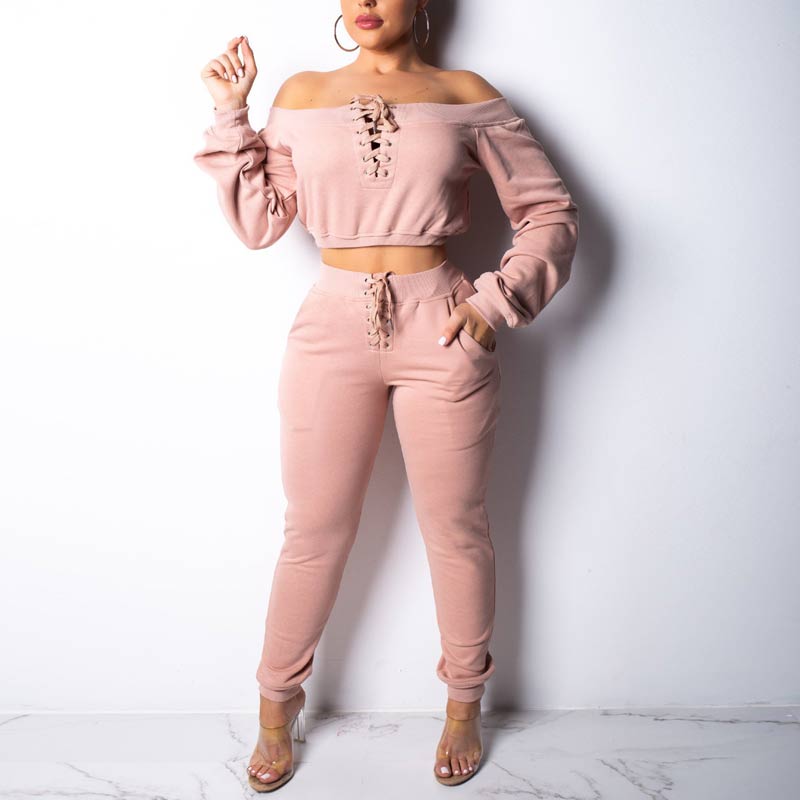 Solid Off Shoulder Long Sleeve Two Piece Set