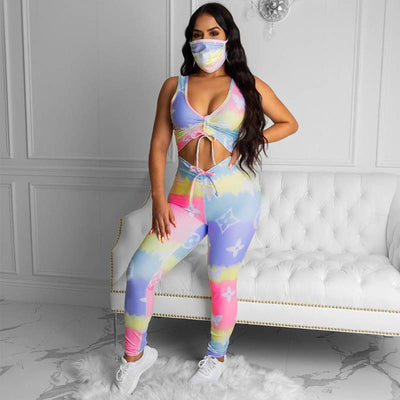 Colorblock Butterfly Pattern Pants Set Without Face Mask