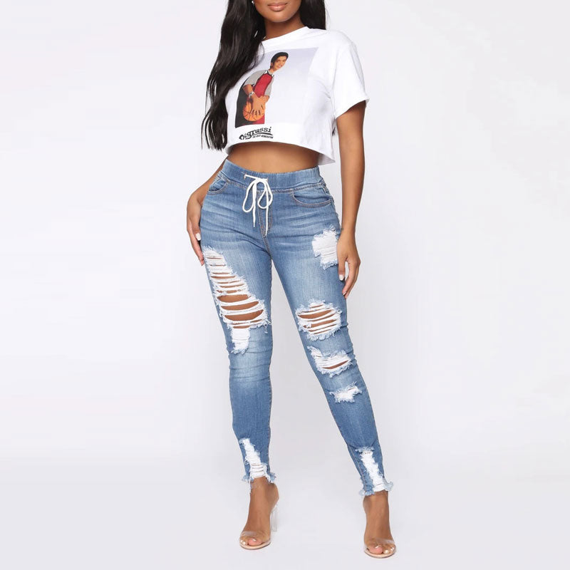 Solid High Waist Cut Out Drawstring Denim Pants