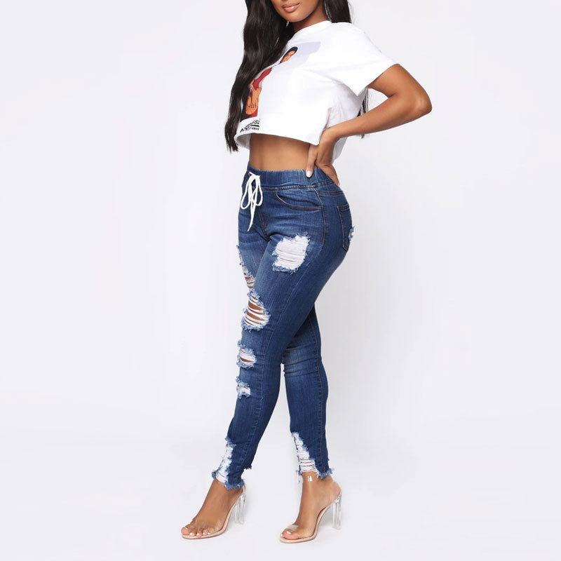 Solid High Waist Cut Out Drawstring Denim Pants