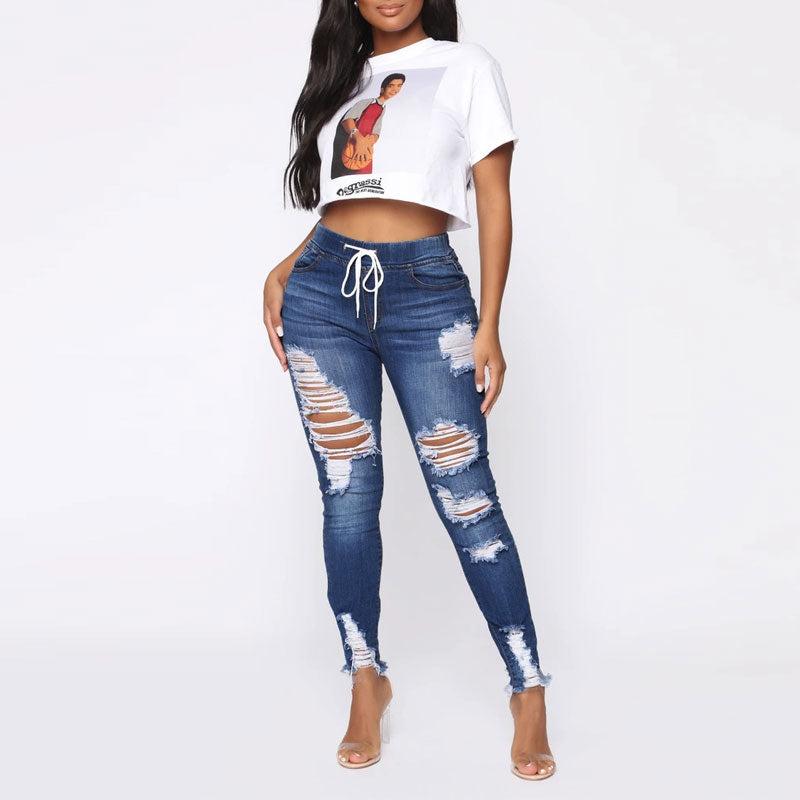 Solid High Waist Cut Out Drawstring Denim Pants