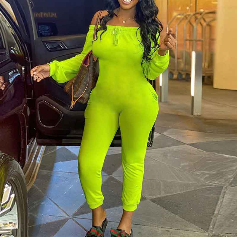 Solid Off Shoulder  Long Sleeve Jumpsuit