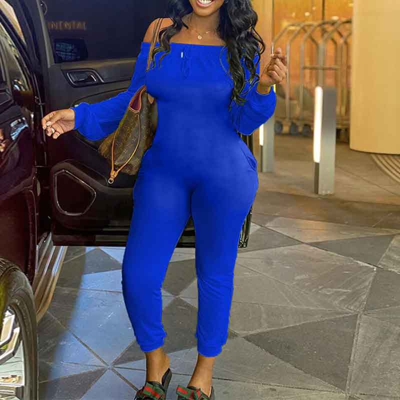 Solid Off Shoulder  Long Sleeve Jumpsuit