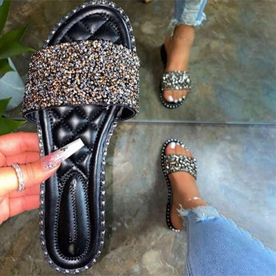 Rhinestone Open Toe Flat Sandals - Cherrybetty