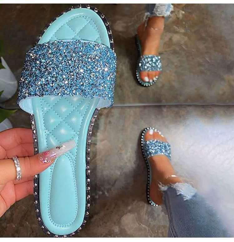 Rhinestone Open Toe Flat Sandals - Cherrybetty