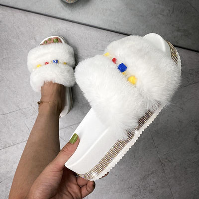 Fashion Rhinestone Open Toe Fluffy Sandals - Cherrybetty