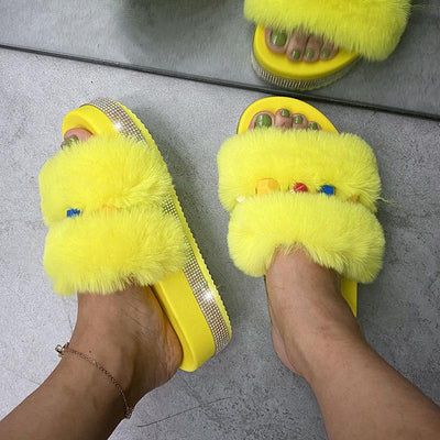 Fashion Rhinestone Open Toe Fluffy Sandals - Cherrybetty