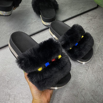 Fashion Rhinestone Open Toe Fluffy Sandals - Cherrybetty