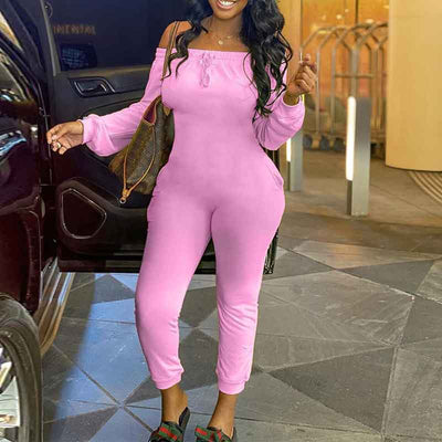 Solid Off Shoulder  Long Sleeve Jumpsuit