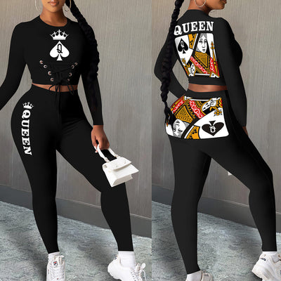 Poker Print Design Lace-Up Eyelet Long Sleeve Top & Pants Set