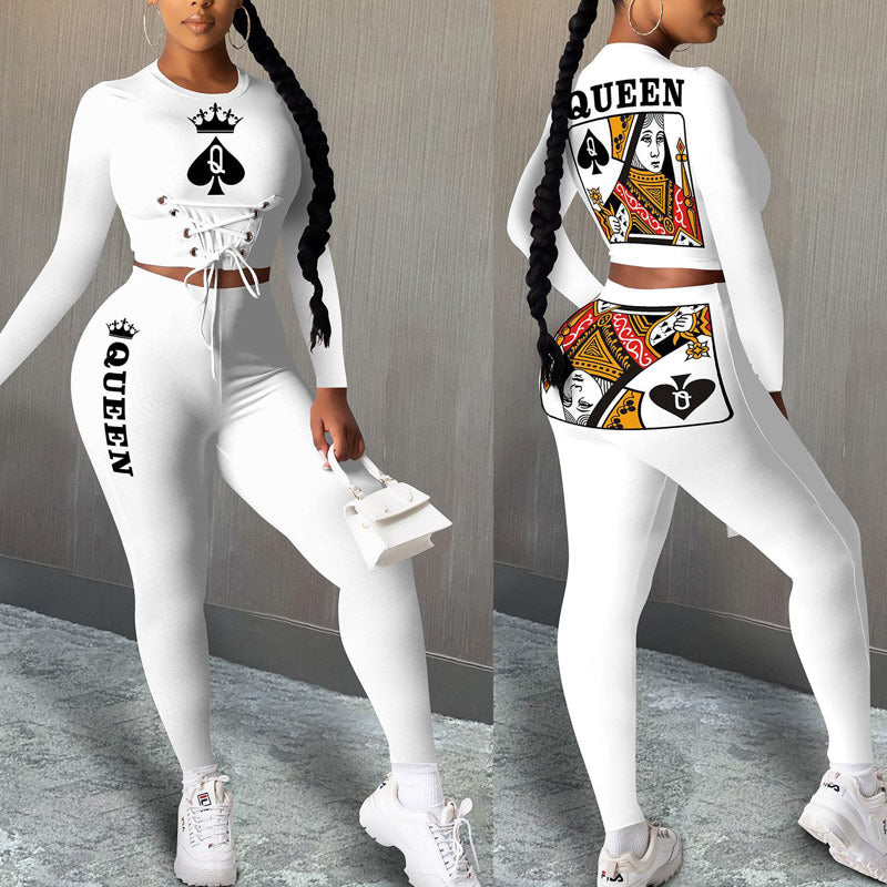 Poker Print Design Lace-Up Eyelet Long Sleeve Top & Pants Set