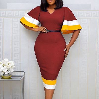 Colorblock Flared Sleeves V-neck Bodycon Dress