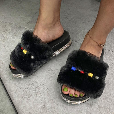 Fashion Rhinestone Open Toe Fluffy Sandals - Cherrybetty